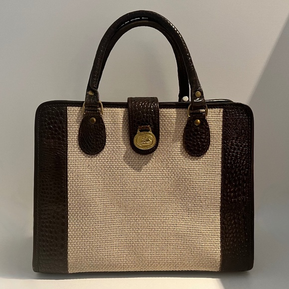 BRAHMIN Harbour Collection Doctor Bag Satchel Brown Burlap/Woven Leather - Picture 1 of 16